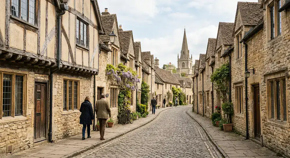 Historic English architecture framing a classic street