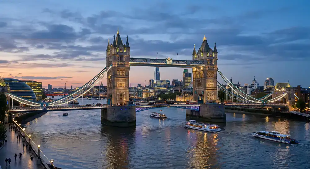 Tower Bridge in London crossing the River Thames at twilight