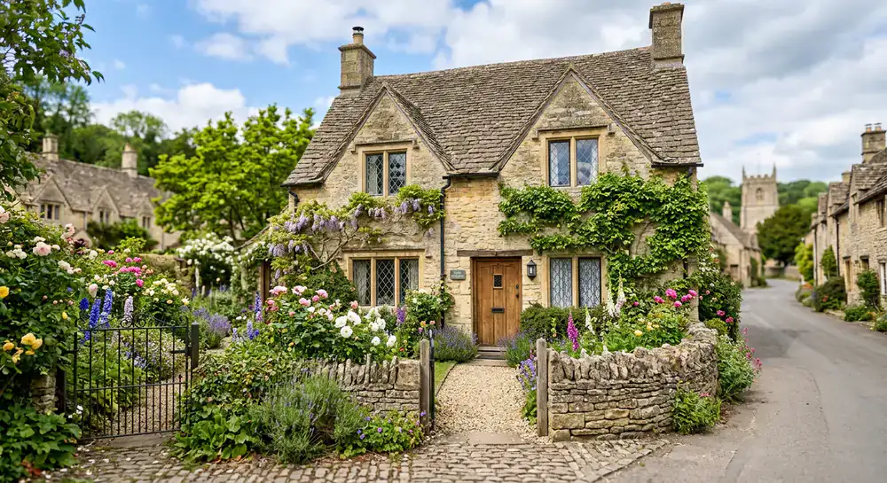 A picturesque honey-colored stone cottage in a Cotswolds village